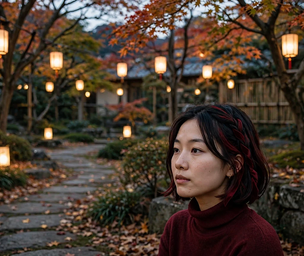 East Asian woman with oxblood lowlights on a dark bob in a burgundy turtleneck in a lantern-lit garden