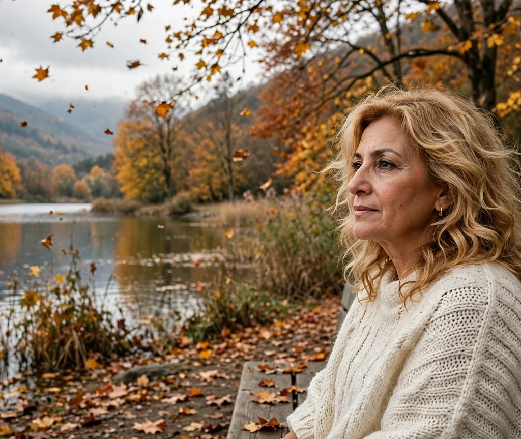 Middle Eastern woman with maple sugar blonde waves in an ivory poncho on a lakeside bench with falling leaves