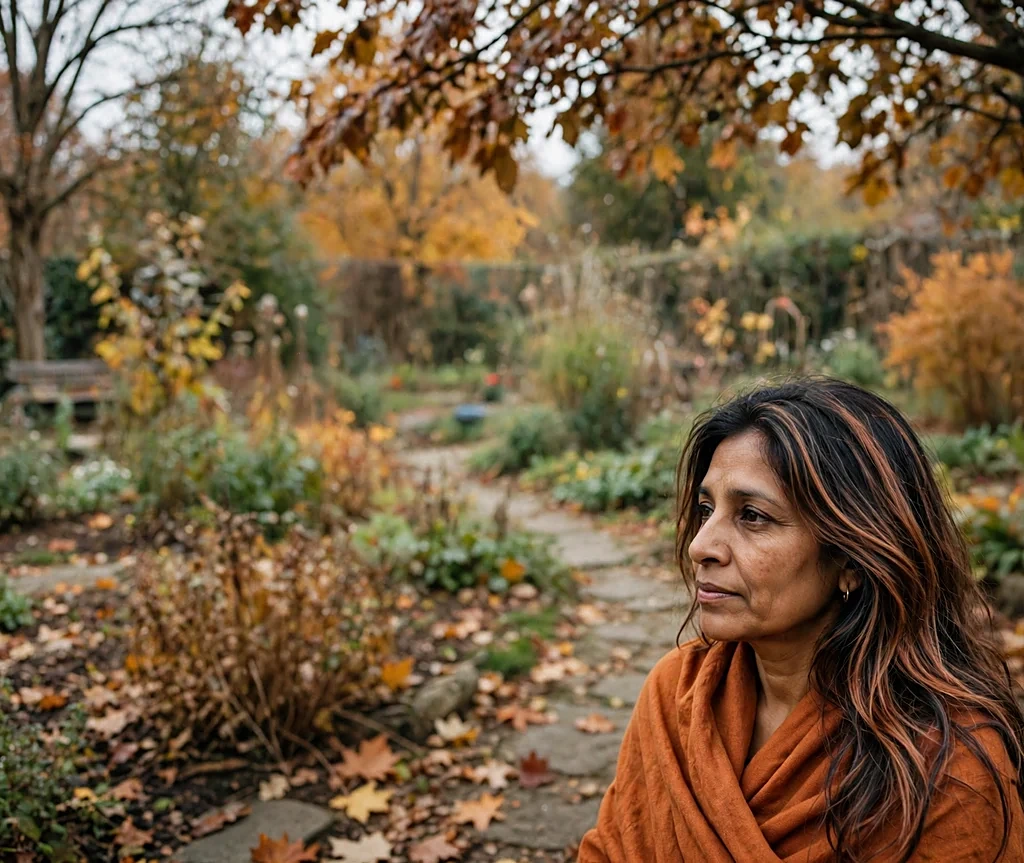 South Asian woman with rustic copper balayage on long layers in a burnt-orange wrap in a garden