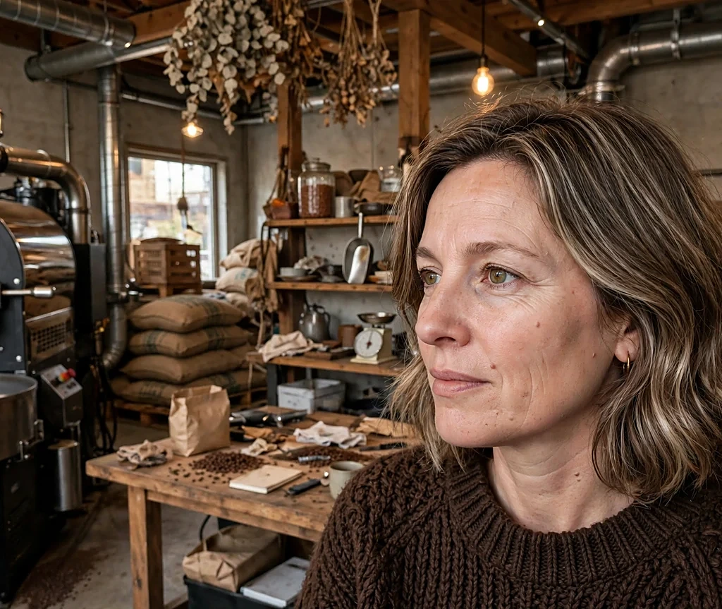 Woman with walnut mocha tones on a lob in an espresso knit sweater at a coffee roastery