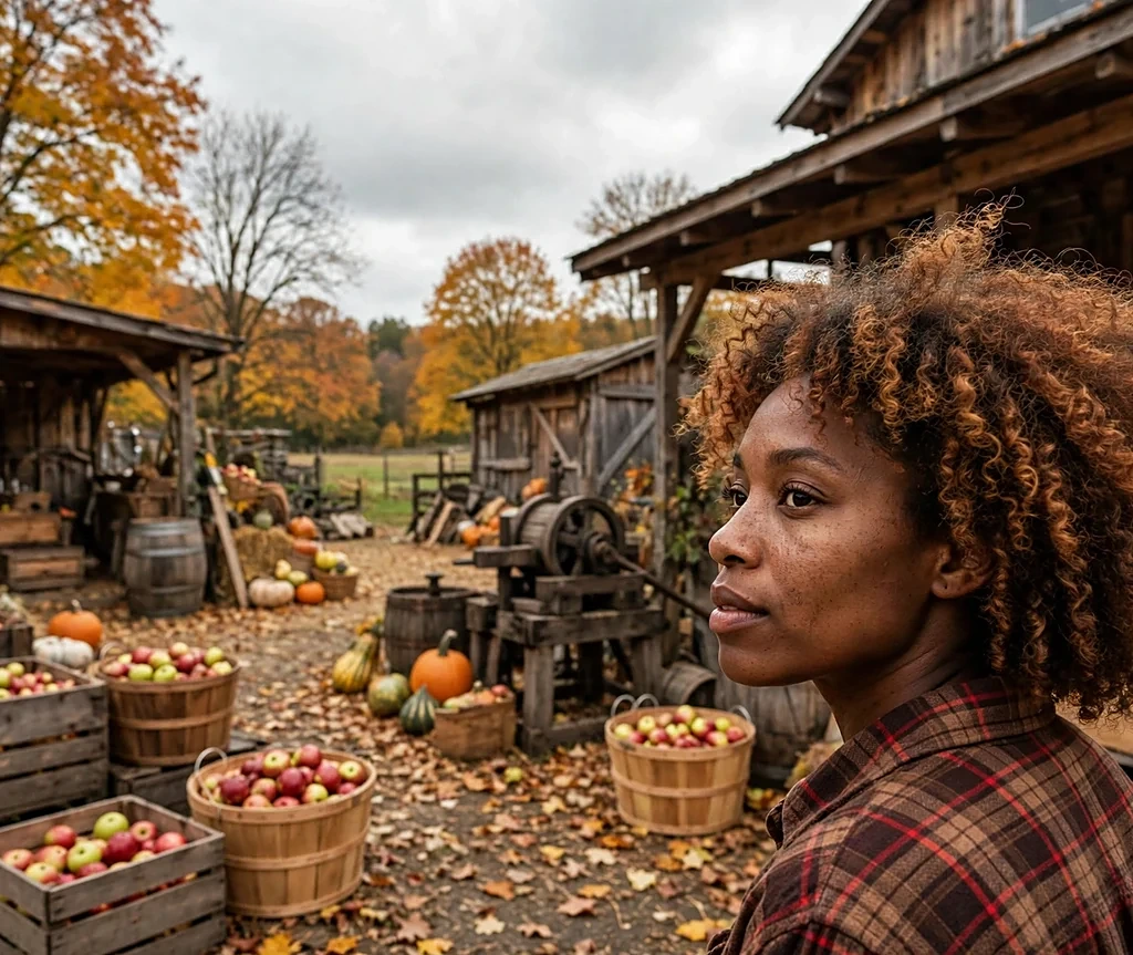 Black woman with cider spice copper-brown curls in a plaid flannel shirt at a cider mill