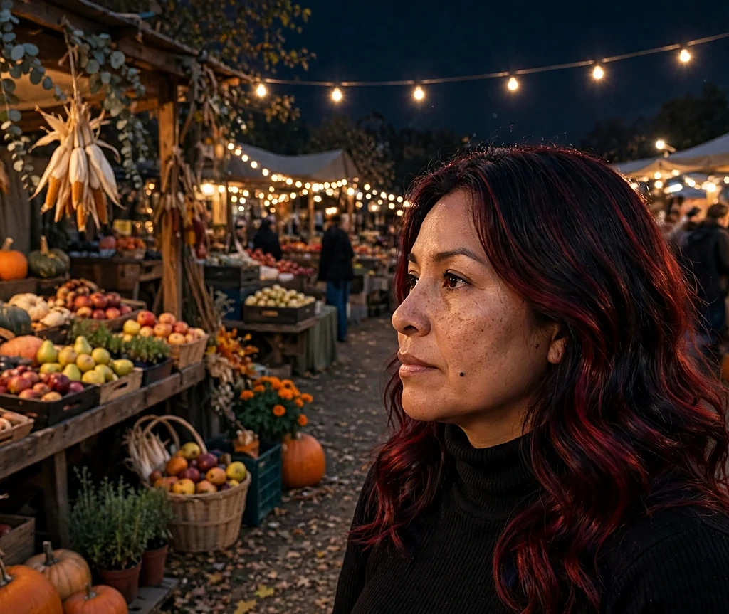 Latina woman with glossy black cherry waves in a black turtleneck at an evening harvest market