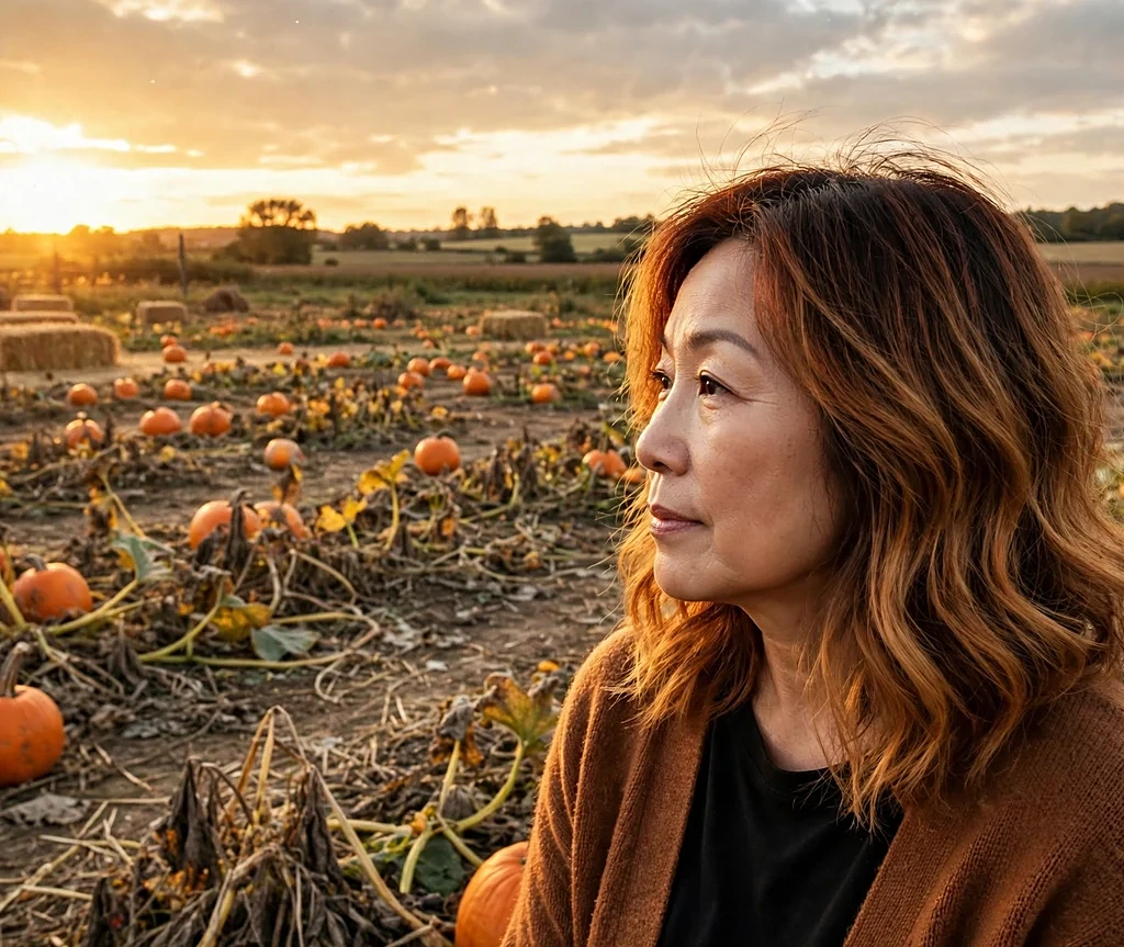 East Asian woman with a warm cinnamon melt on shoulder waves in a cinnamon-colored cardigan in a pumpkin patch at sunset