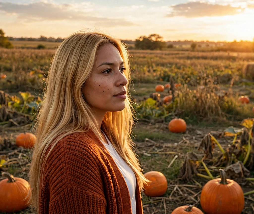 Latina woman with long straight golden hour blonde hair in a pumpkin patch at sunset