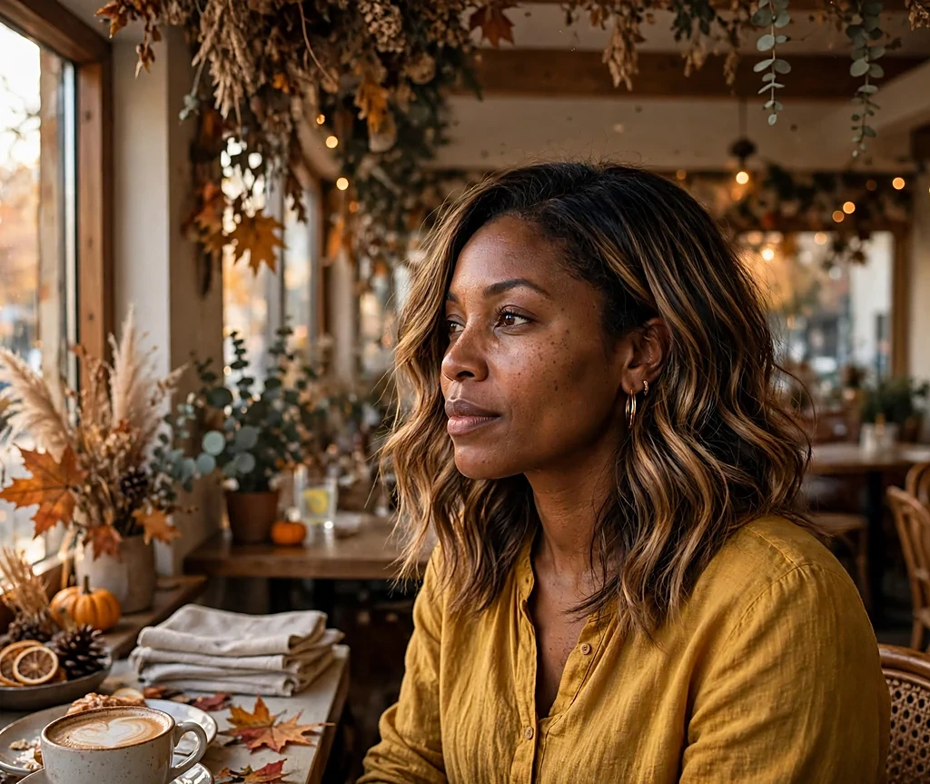 Black woman with shoulder-length wavy butterscotch balayage hair in a cozy autumn cafe