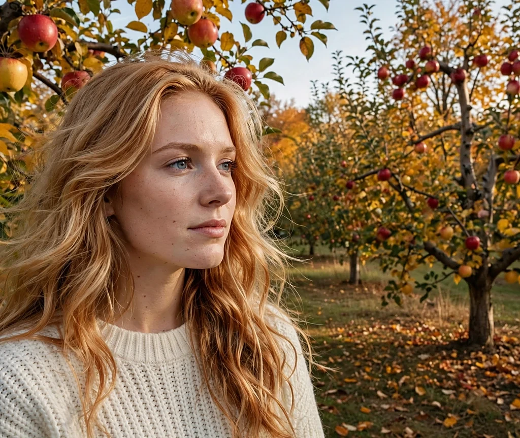 Caucasian woman with long strawberry blonde waves in a fall apple orchard