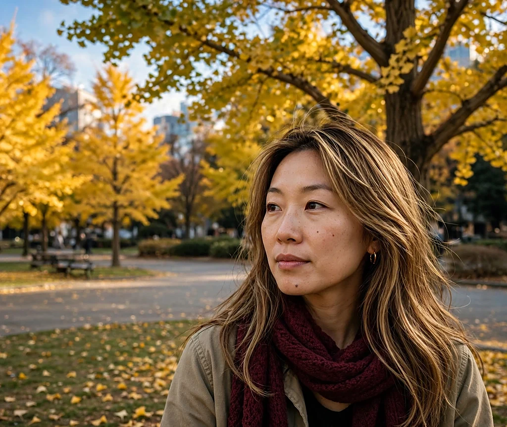East Asian woman with long layered hair featuring honey gold highlights in a park with yellow ginkgo trees