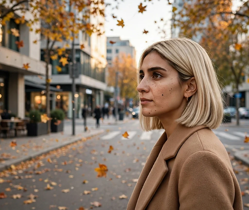 Middle Eastern woman with sleek champagne blonde bob on an autumn city street