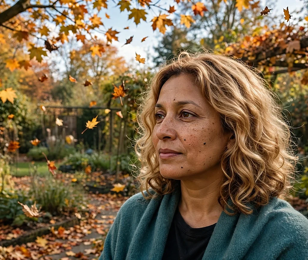 South Asian woman with shoulder-length warm wheat blonde curls in an autumn garden