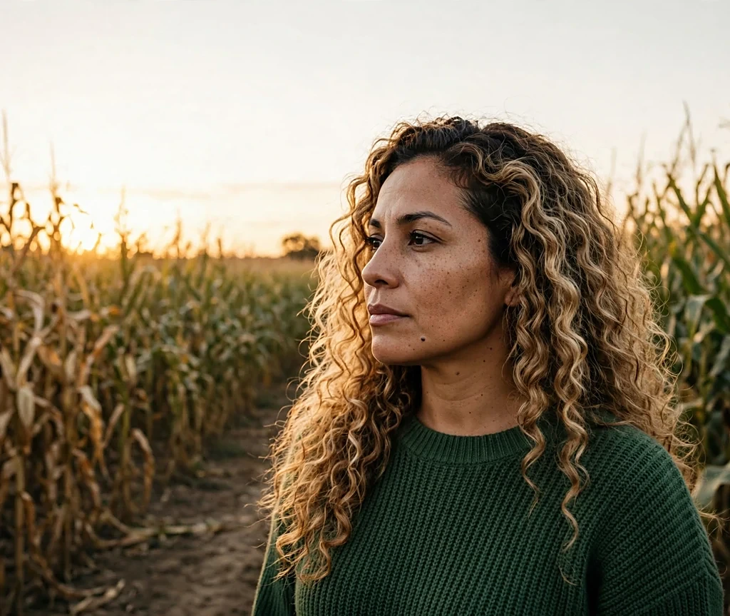 Latina woman with long caramel swirl blonde curls in a cornfield at golden hour
