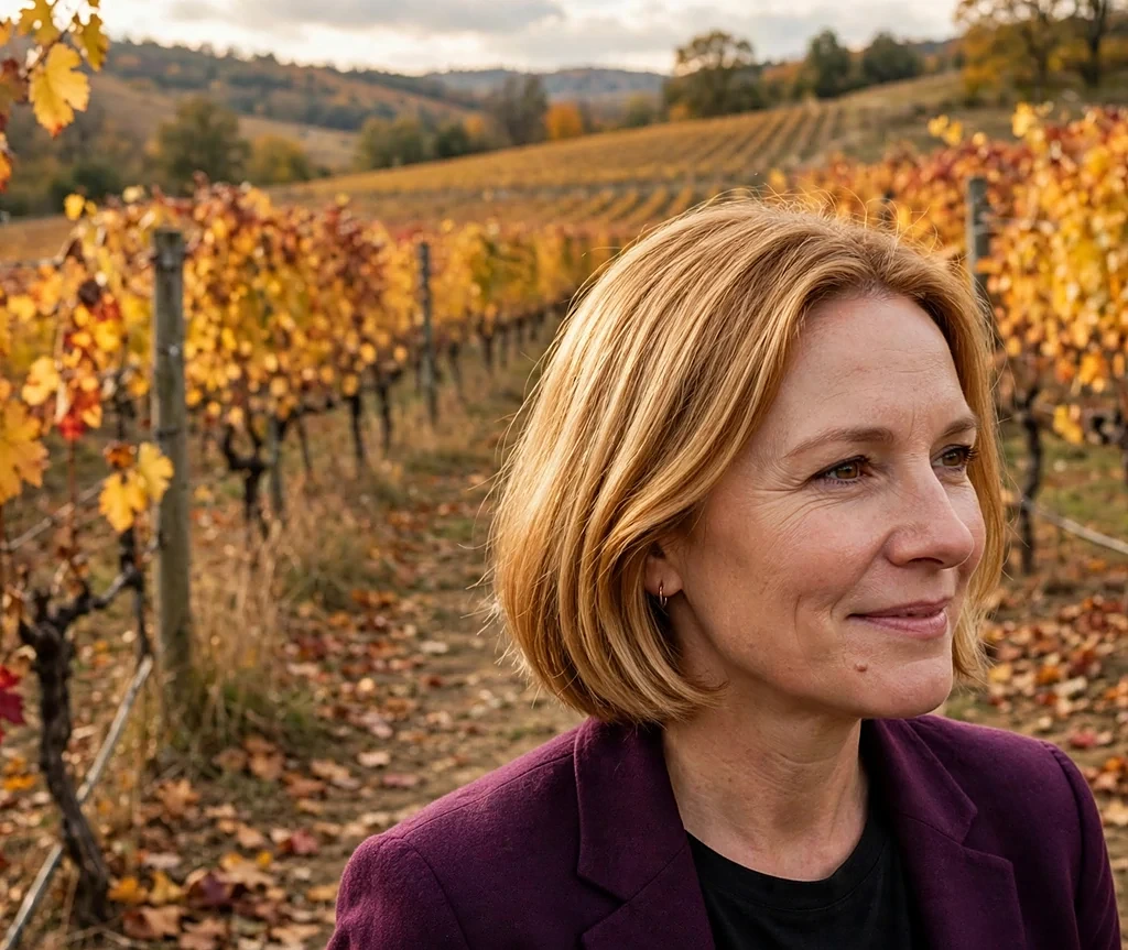 Caucasian woman with chin-length amber blonde bob in an autumn vineyard