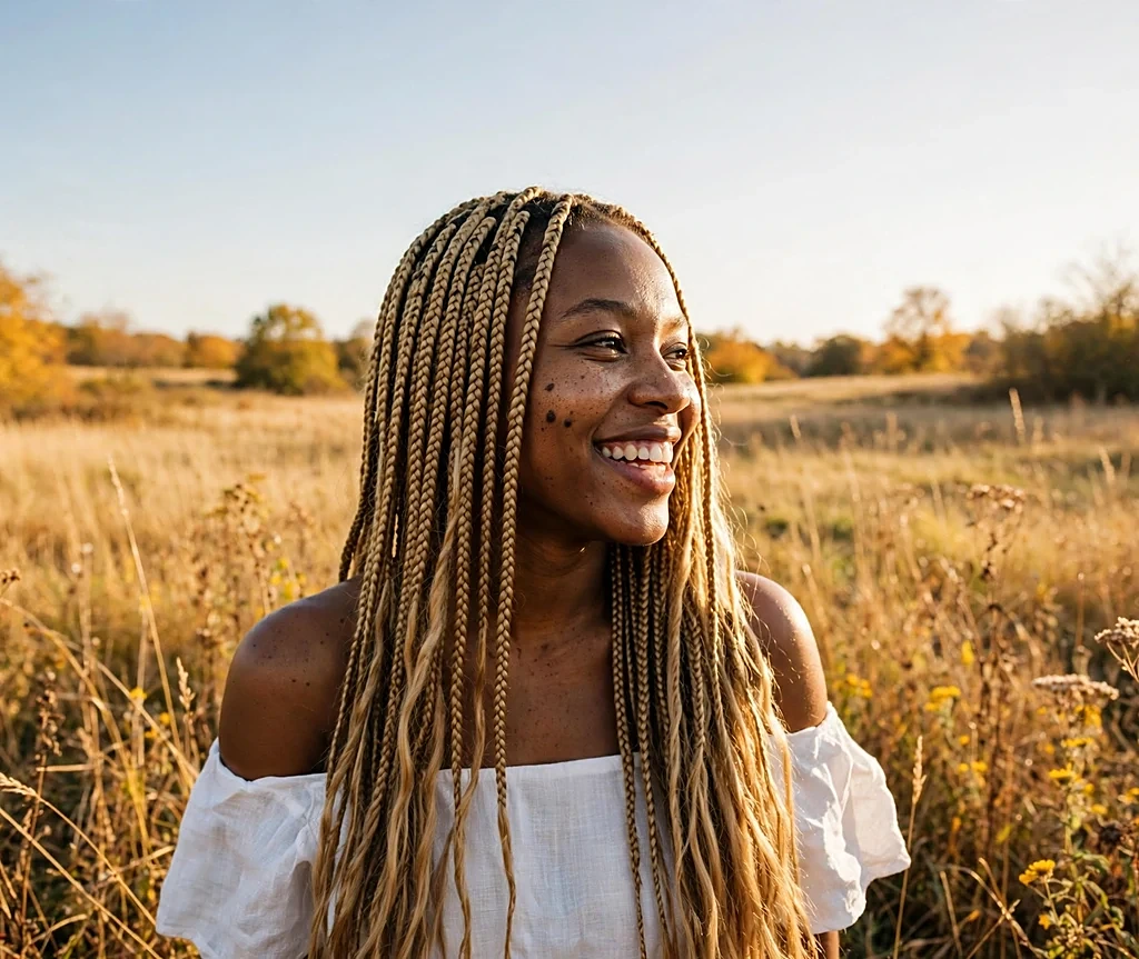 Black woman with long sunlit honey blonde braids in a sunny fall meadow