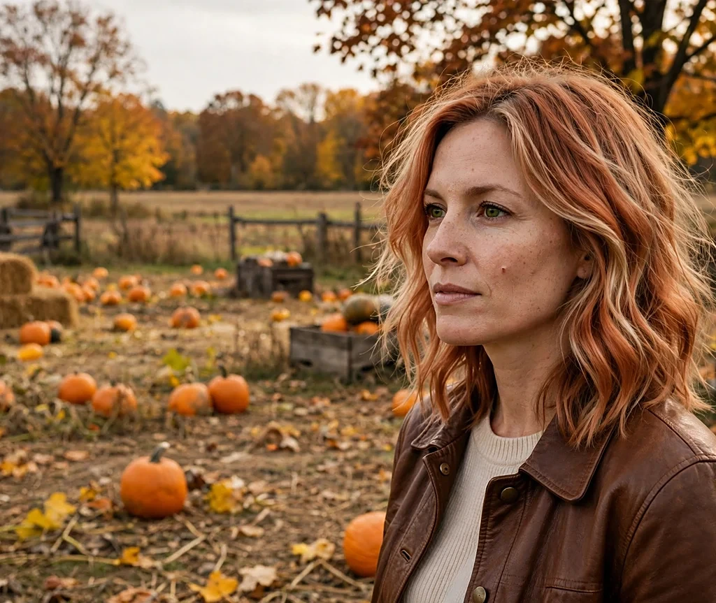 Caucasian woman with shoulder-length copper kissed blonde waves at a pumpkin farm