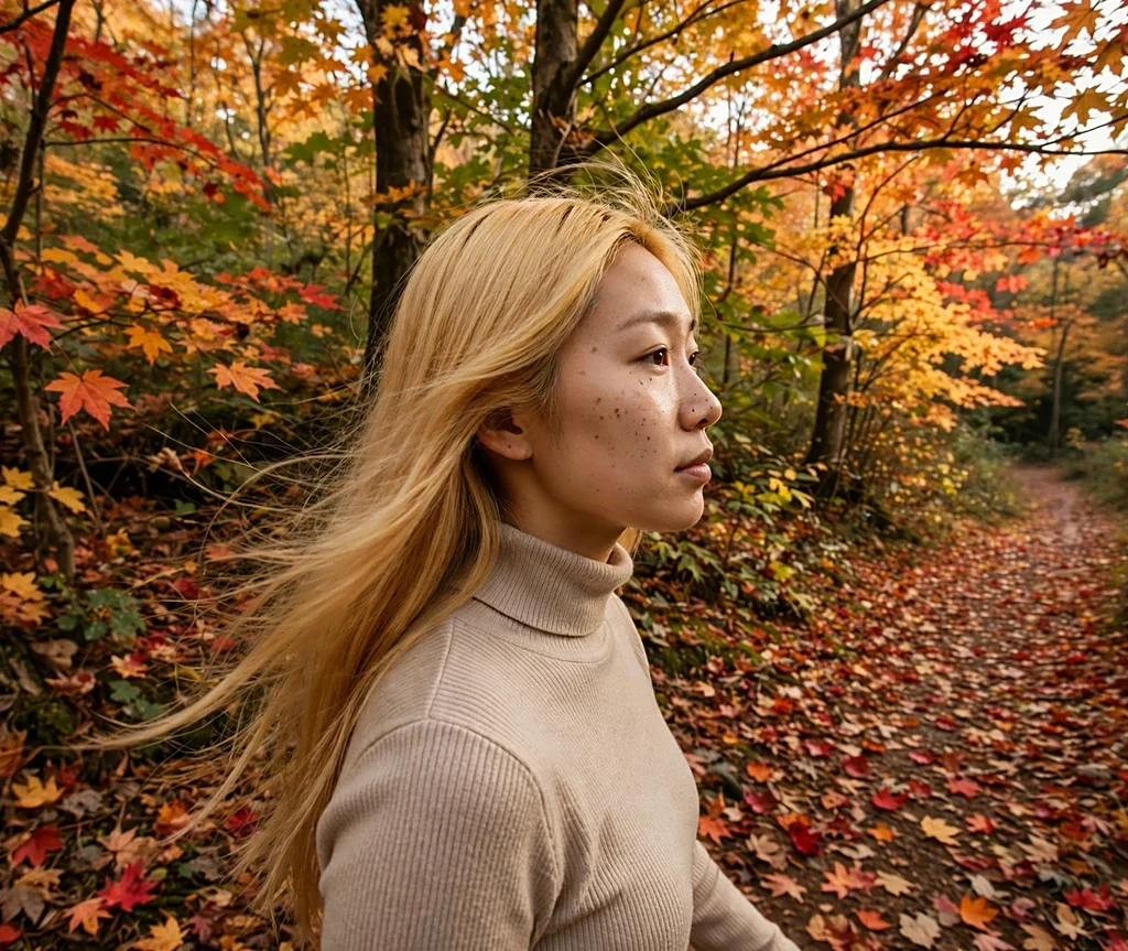 East Asian woman with long straight golden maple blonde hair on a maple forest trail