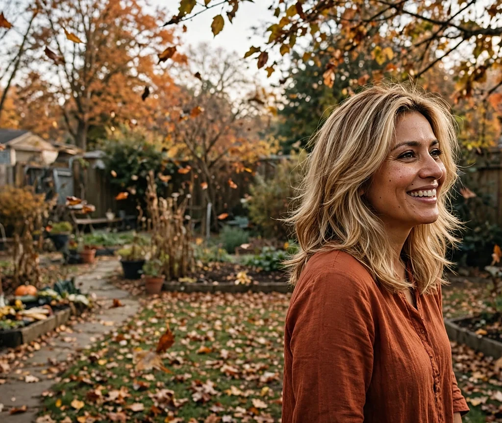 South Asian woman with medium-length vanilla chai blonde layered hair in an autumn backyard