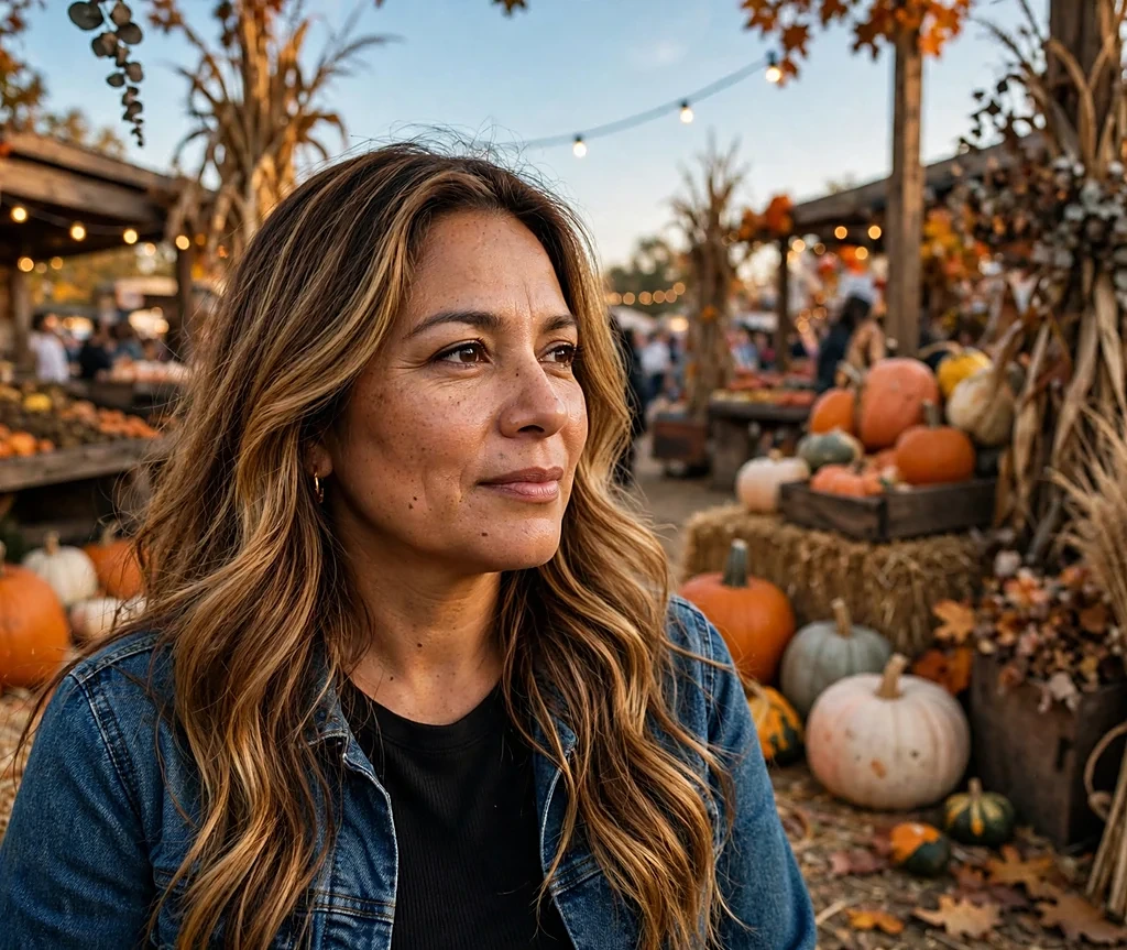Latina woman with long autumn honey balayage waves at a harvest festival