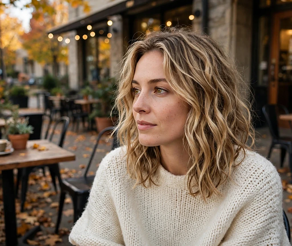 Caucasian woman with wavy toffee drizzle blonde lob on a coffee shop patio with fall leaves