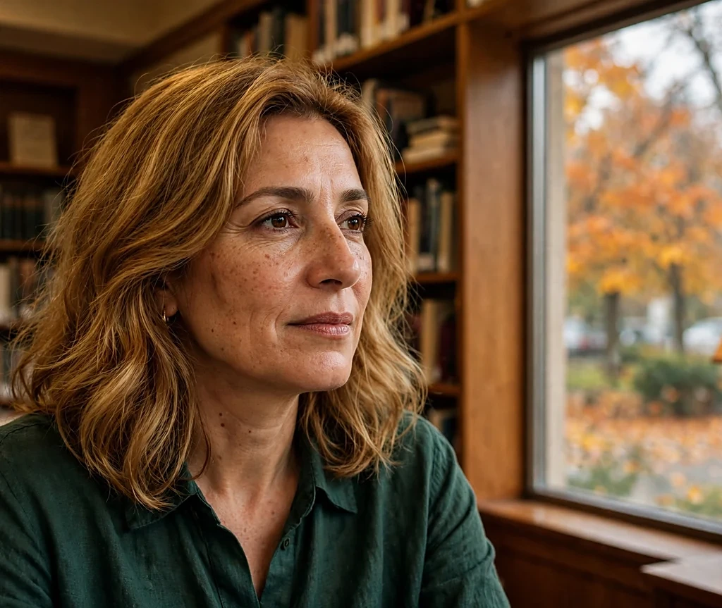 Middle Eastern woman with shoulder-length golden chestnut blonde blend in a warmly lit library