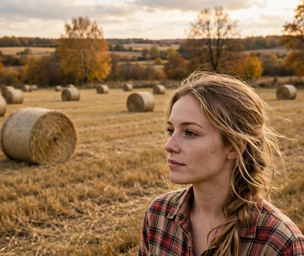 Caucasian woman with long warm sandy blonde hair in a loose braid in a hay field