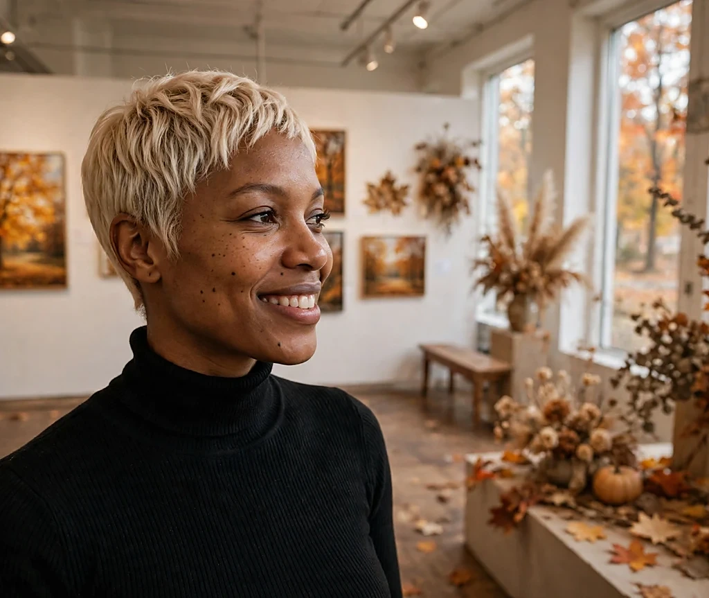Black woman with short honeyed platinum pixie in an art gallery