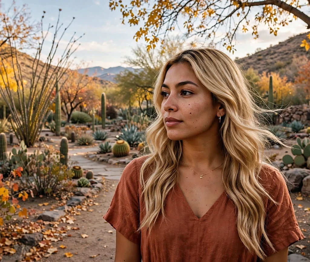 Latina woman with long butterscotch waves in a desert botanical garden in fall