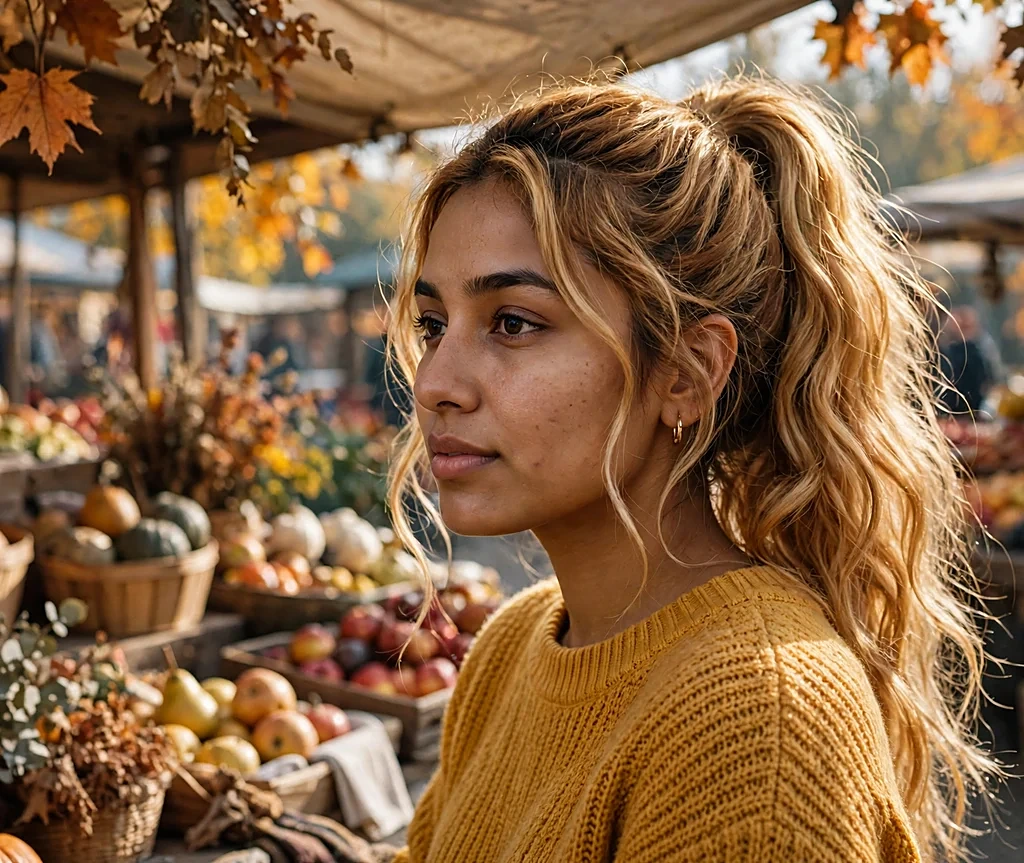 South Asian woman with long golden cinnamon blonde wavy ponytail at an autumn market