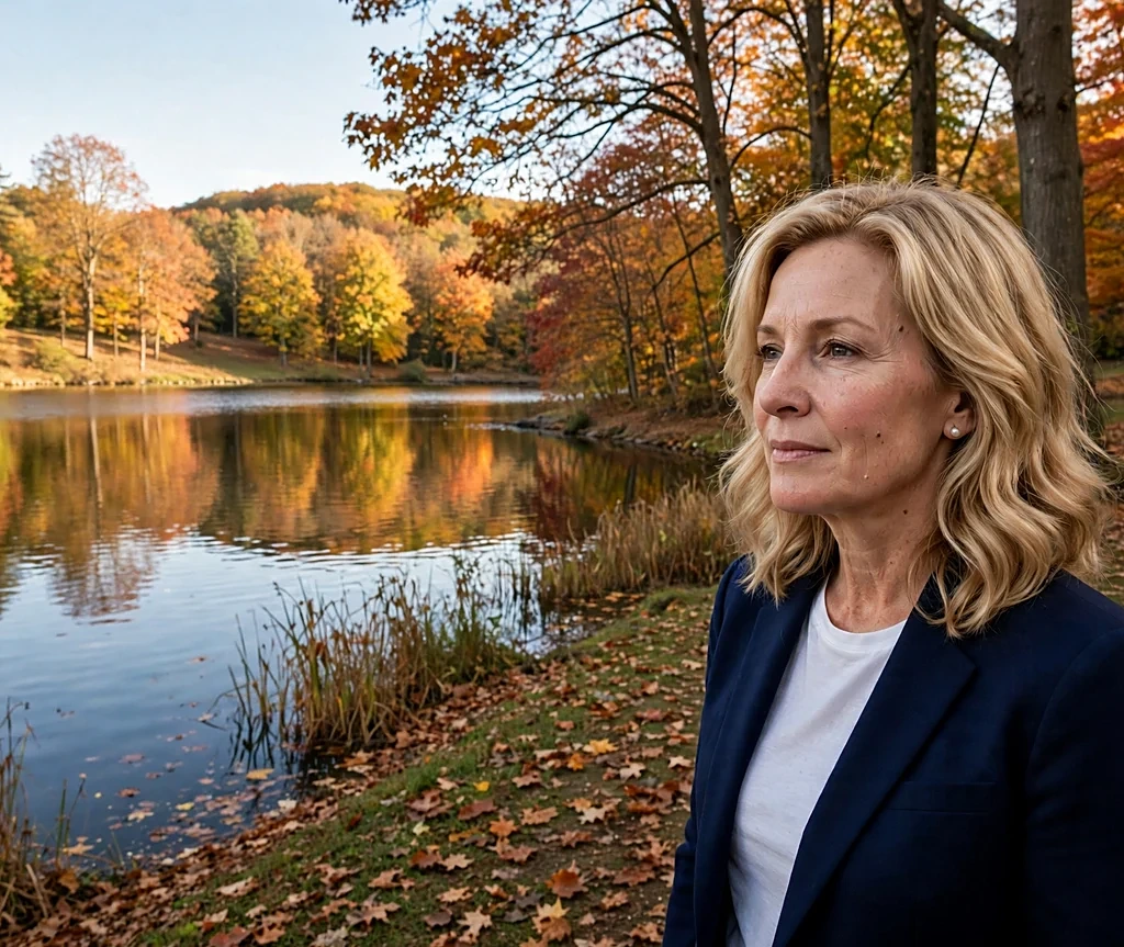 Caucasian woman with shoulder-length warm champagne blonde waves by a lakeside in fall