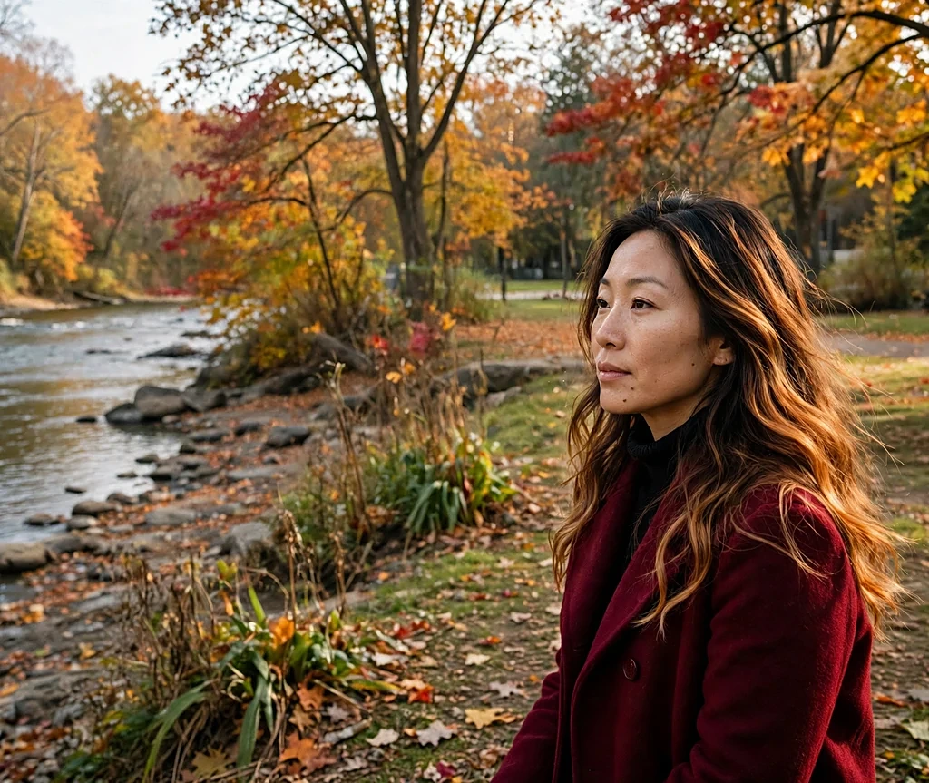 East Asian woman with long amber balayage hair in a riverside autumn park