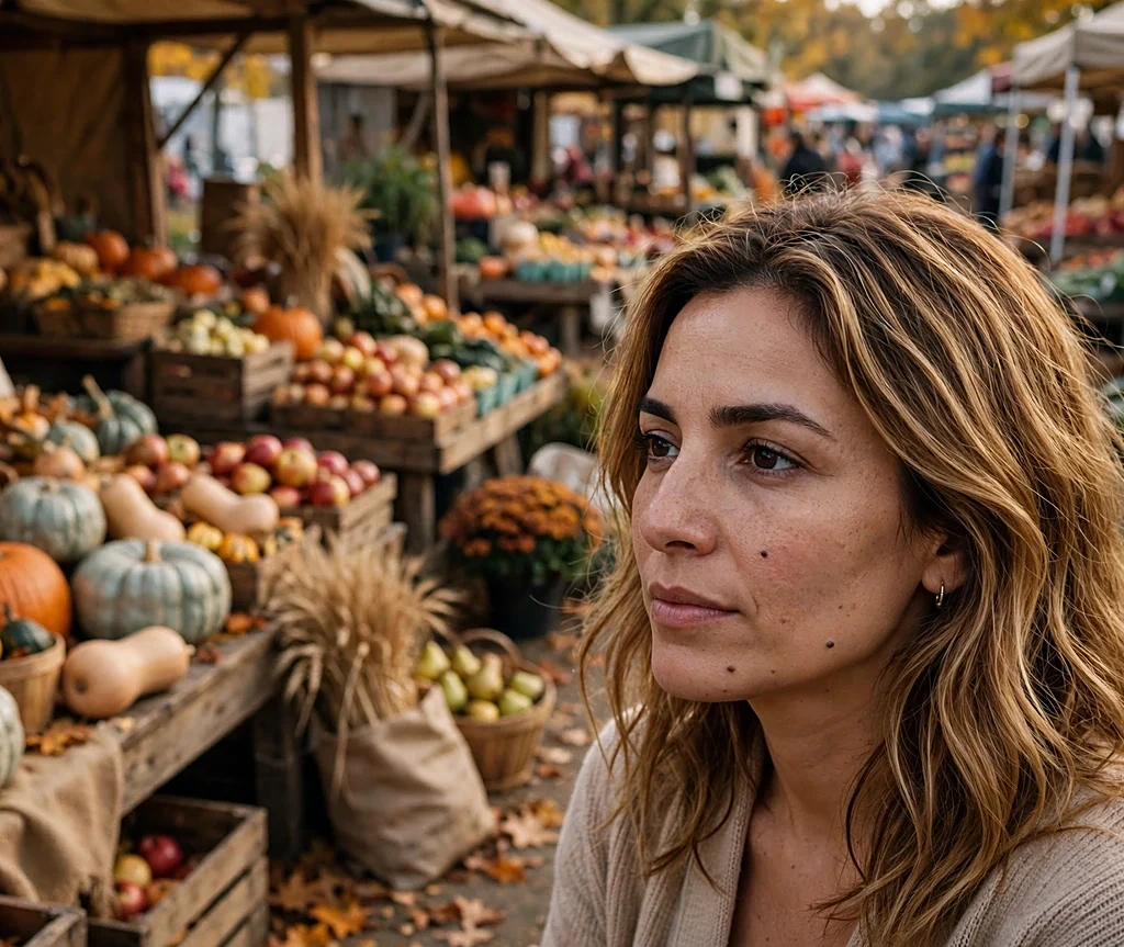 Middle Eastern woman with shoulder-length honey wheat highlighted hair at a fall farmer's market