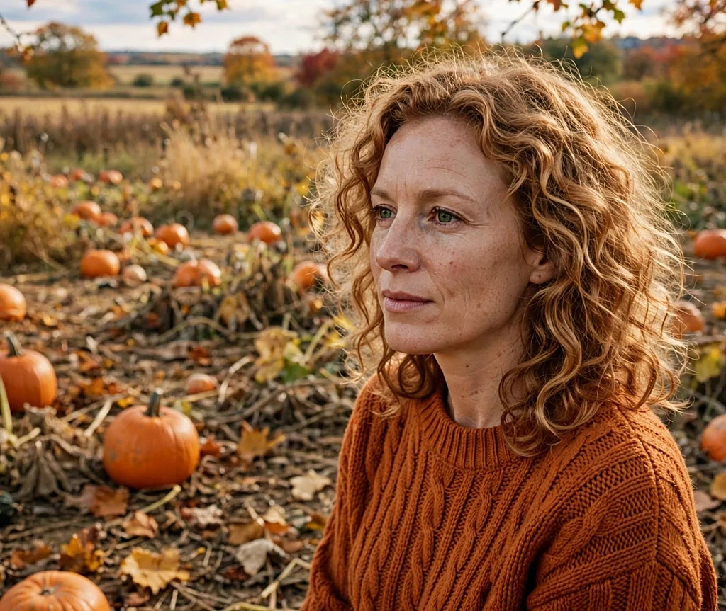 Caucasian woman with curly strawberry honey blonde hair in a pumpkin patch