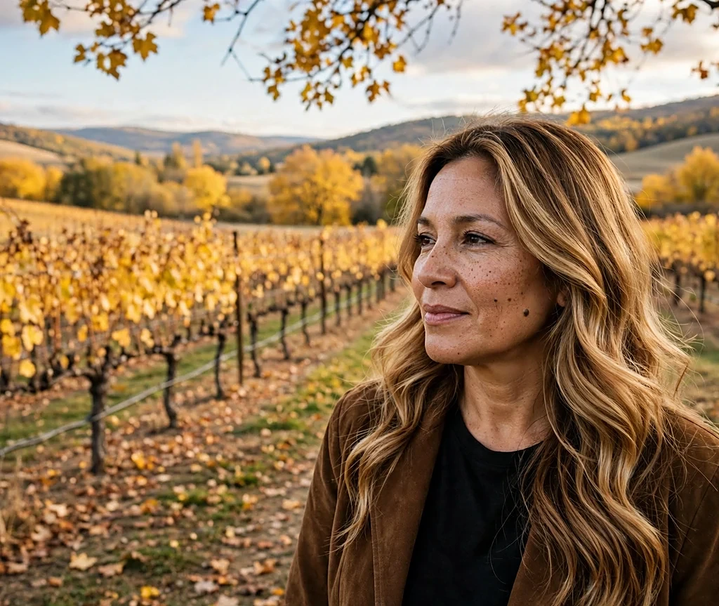 Latina woman with long golden toffee balayage waves in an autumn vineyard