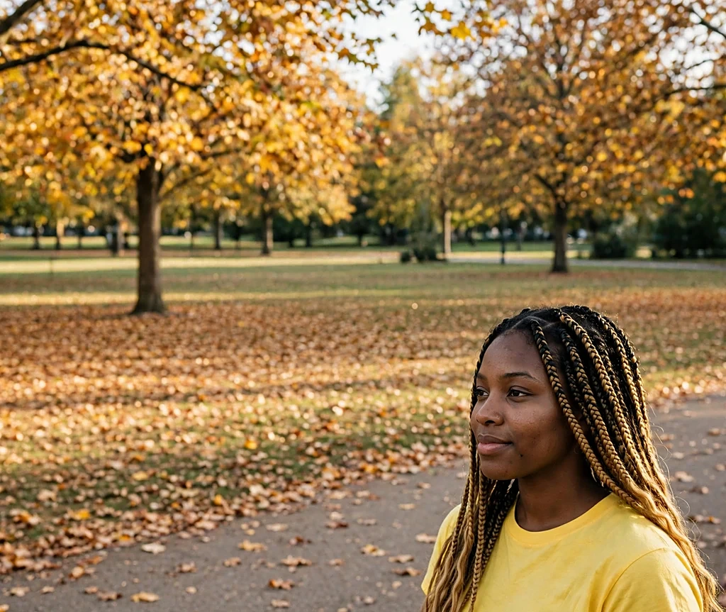 Black woman with long braids featuring warm golden ombre in an autumn park