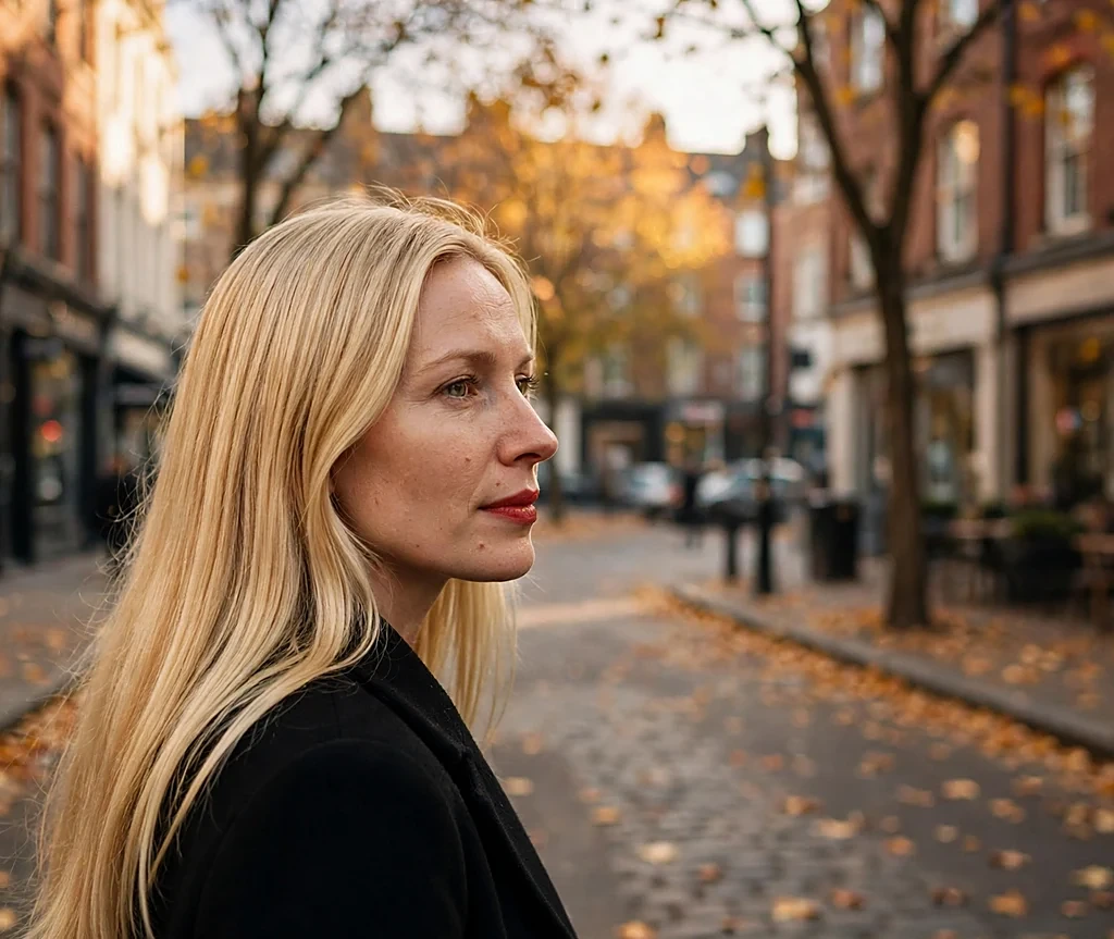 Caucasian woman with sleek straight buttery blonde hair on a city street with autumn leaves