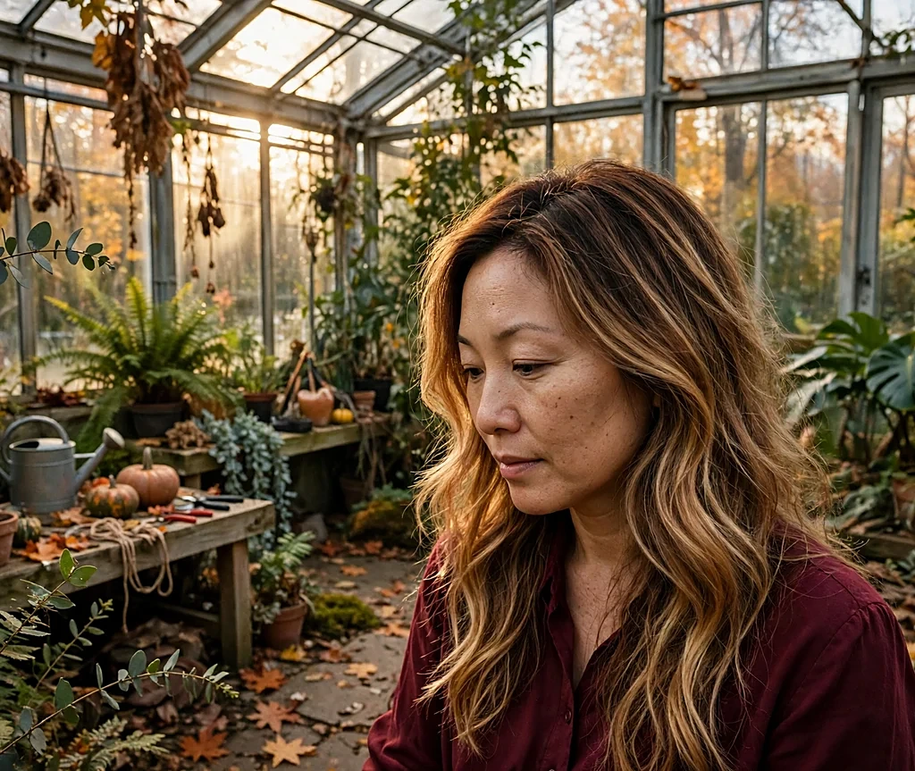 East Asian woman with long autumn gold balayage waves in a botanical garden greenhouse