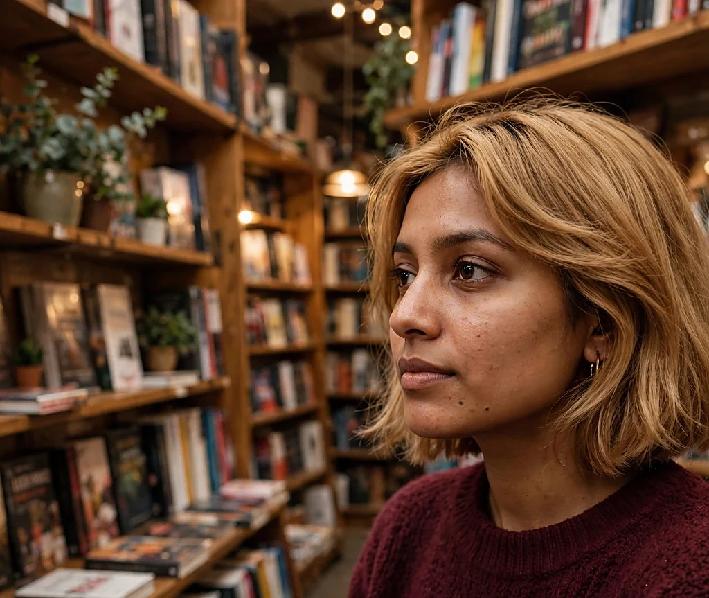 South Asian woman with chin-length warm honey blonde bob in a cozy bookstore