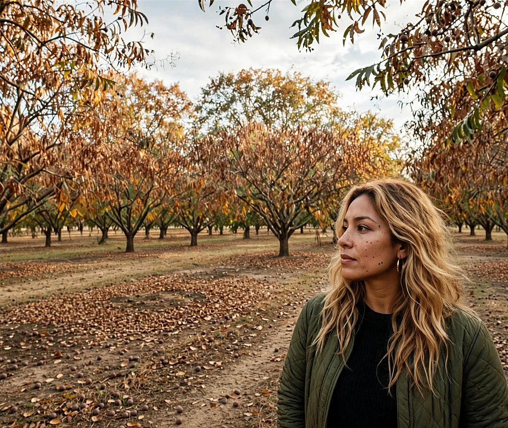 Latina woman with long golden pecan blonde waves in a pecan grove in autumn