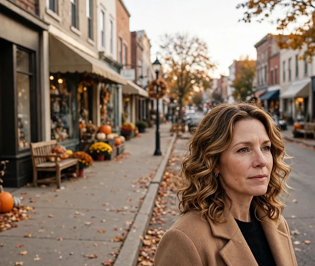 Caucasian woman with shoulder-length caramel honey balayage curls on a small-town main street in fall