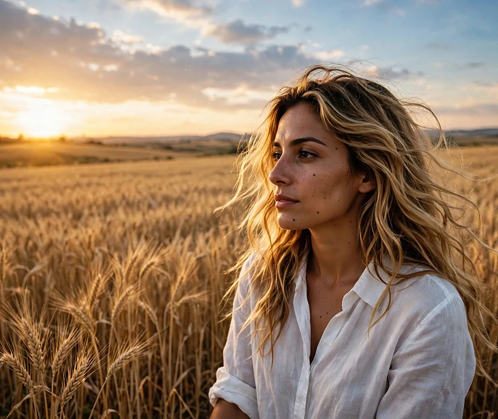 Middle Eastern woman with long sun-kissed golden blonde beachy waves in a wheat field at sunset