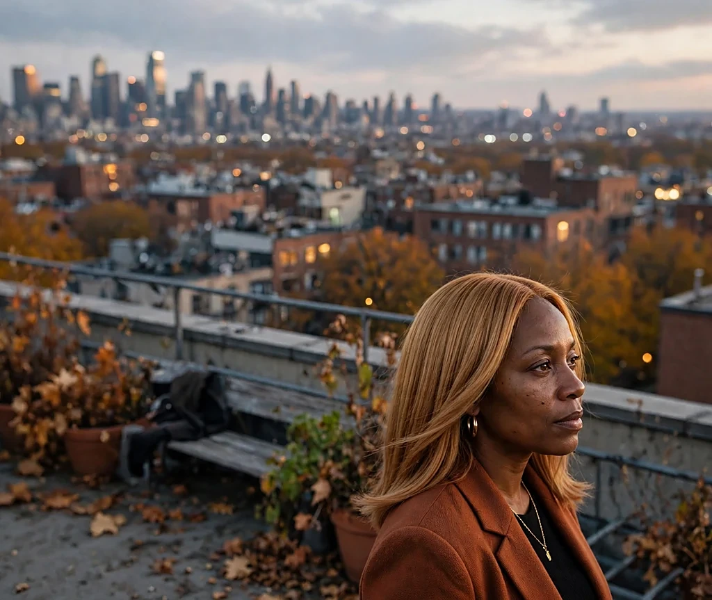 Black woman with shoulder-length warm butterscotch silk-press straight hair on a rooftop at dusk