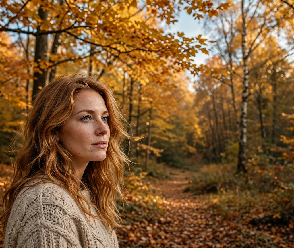Caucasian woman with long honey amber waves in a forest with amber foliage