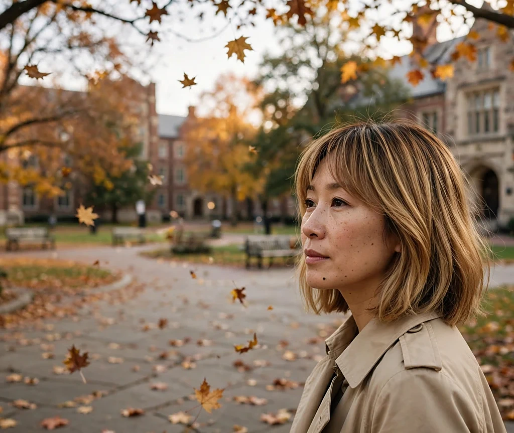 East Asian woman with medium-length golden wheat balayage bob on a university campus in autumn