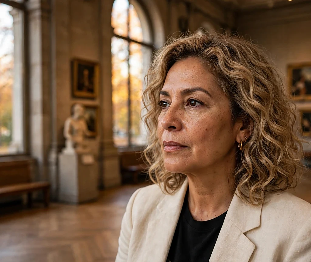 Latina woman with shoulder-length champagne honey blend curls in an art museum