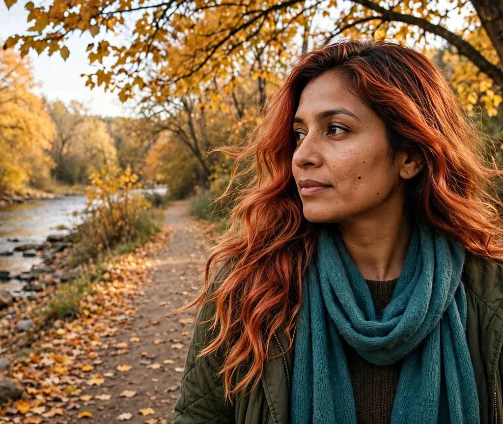 South Asian woman with long warm strawberry balayage waves on a riverside autumn walk