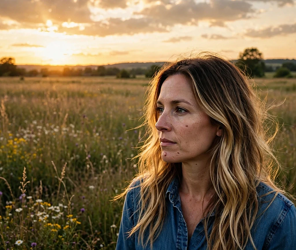 Caucasian woman with long golden hour balayage hair in a sunset meadow