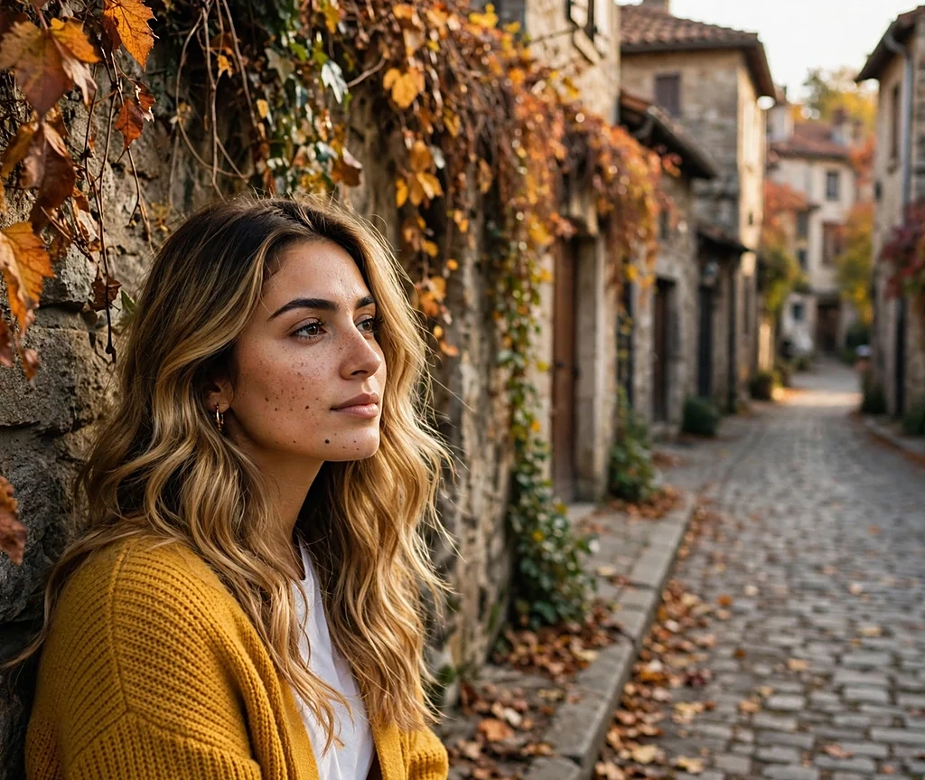 Middle Eastern woman with long honey gold balayage waves on an old town street with autumn vines