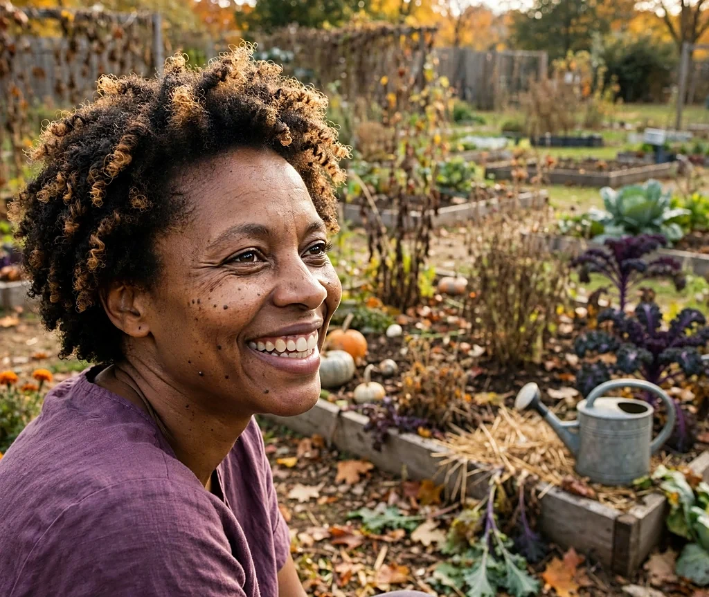 Black woman with short butterscotch highlighted natural curls in a community garden in fall