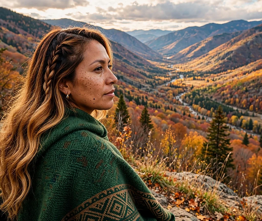 Latina woman with long warm honey ombre hair and side braid detail at a mountain overlook in autumn
