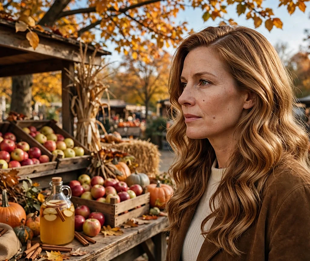Caucasian woman with long golden caramel waves at an apple cider stand