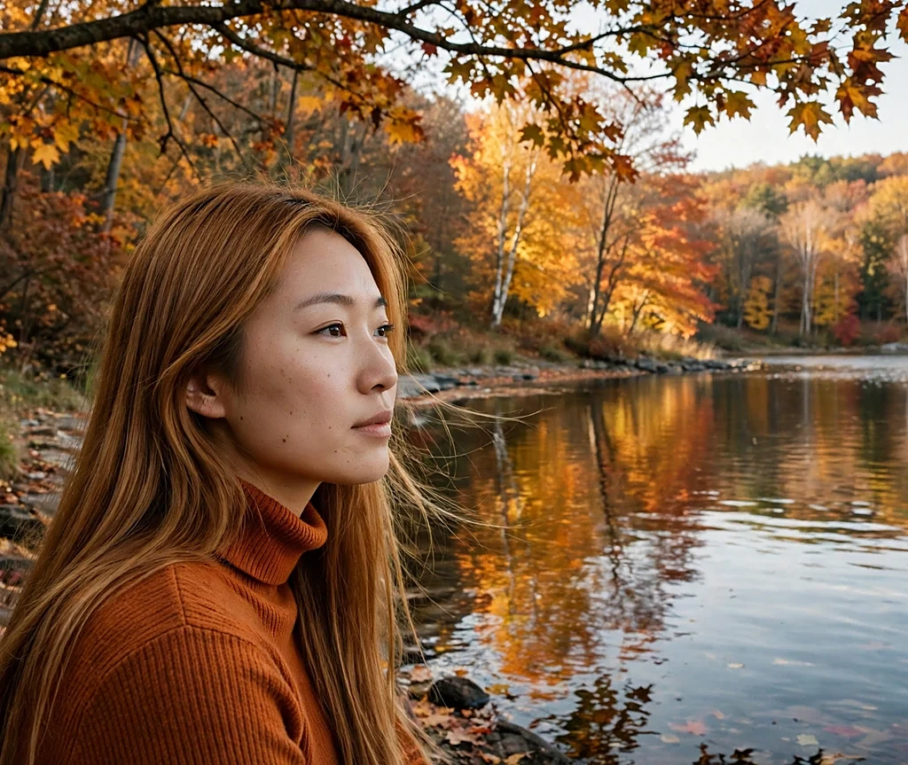 East Asian woman with glossy straight autumn honey hair by a lake with fall reflection