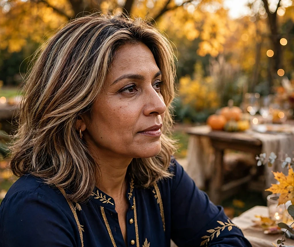 South Asian woman with shoulder-length warm champagne highlighted layers at an autumn garden party